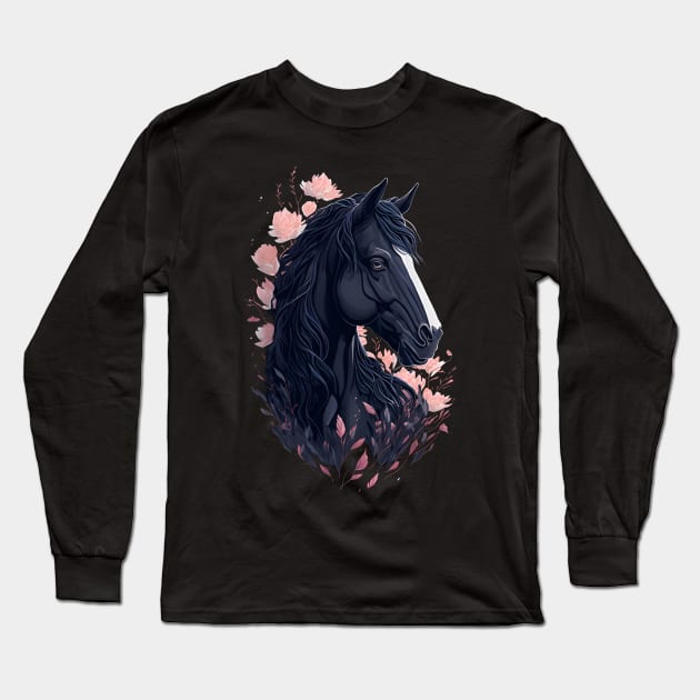 Black Horse with Flowers Long Sleeve T-Shirt by monkycl